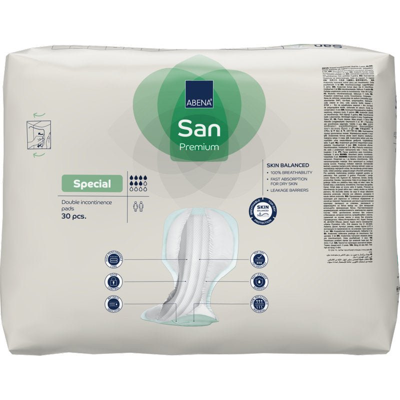 A 30-pack of ABENA San Premium incontinence pads from Abena Re-Seller GmbH with high absorbency. Predominantly white packaging with blue and green accents, product images, and details included.