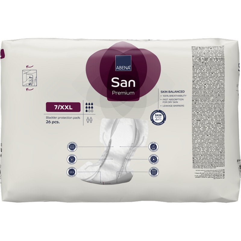A 26-pack of ABENA San Premium from Abena Re-Seller GmbH offers high absorbency for incontinence. The mainly white packaging has purple and gray accents with detailed information on the front.