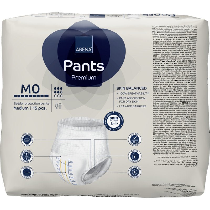 A pack of ABENA Pants Premium M from Abena Re-Seller GmbH (15 pieces) offers high absorbency, 100% breathability, quick absorption, and skin-friendly material.