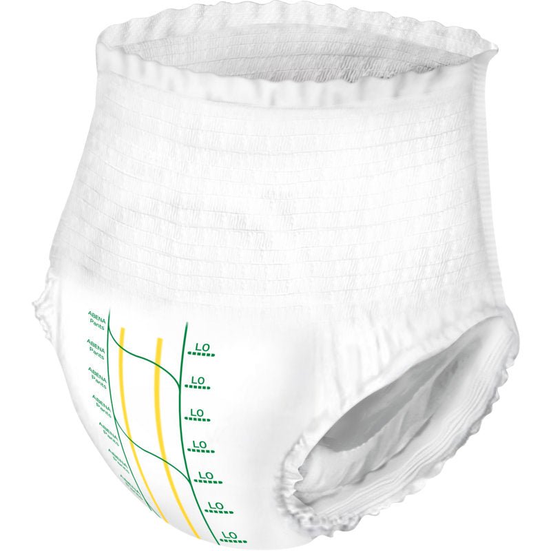 The ABENA Pants Premium L from Abena Re-Seller GmbH is a white disposable pull-up for adults with measurement markings and yellow lines for wetness or fit, designed for incontinence and leakage protection, depicted on a plain white background.
