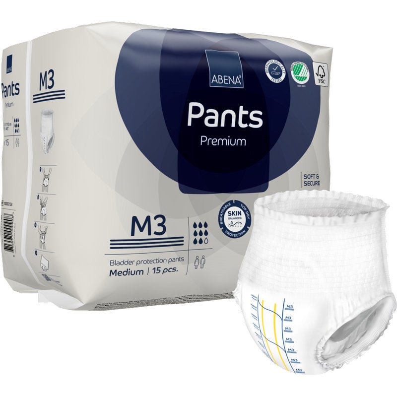 Pictured is a pack of ABENA Pants Premium M from Abena Re-Seller GmbH with an unfolded pant in the foreground. The white-blue packaging shows product details and icons highlighting this reliable bladder protection pant.