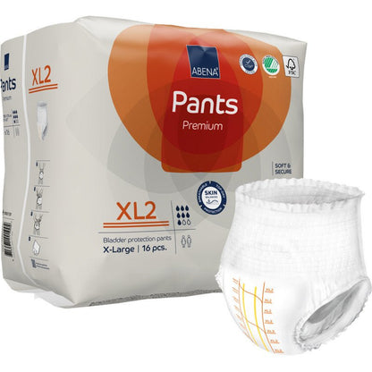 A pack of ABENA Pants Premium XL from Abena Re-Seller GmbH, size XL2, contains 16 pieces. The white pack with orange accents is equipped with certification logos, and an incontinence brief is attached outside.