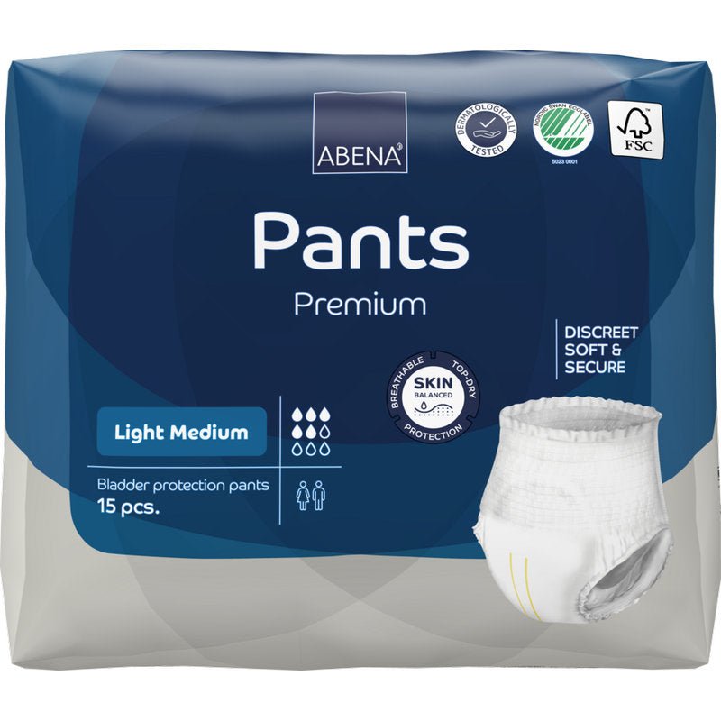 A 15-pack of ABENA Pants Light from Abena Re-Seller GmbH offers discreet, soft, and secure wearing comfort with skin protection, in blue and white packaging.