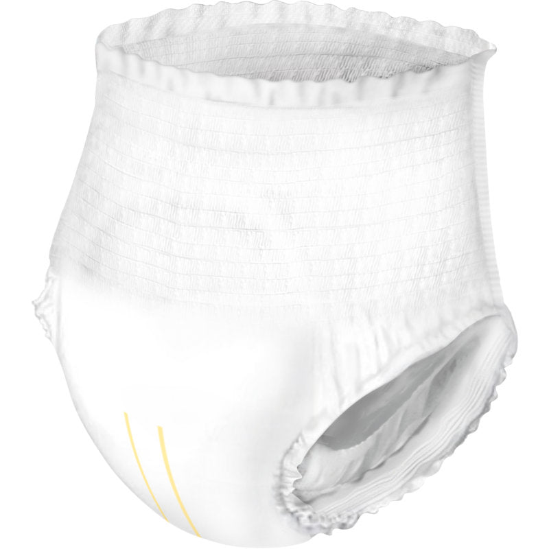 The ABENA Pants Light from Abena Re-Seller GmbH is a disposable pant for adults with an elastic waistband and leg openings; it is white with two faint yellow lines on the lower front.