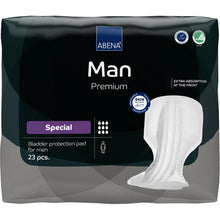 A package of ABENA Man Special, Premium by Abena Re-Seller GmbH (23 tampons) offers extra front absorption and leakage protection. The predominantly black packaging is accented with white and purple.