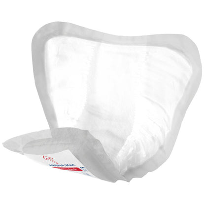 Shown is an opened ABENA Man Formula Premium incontinence pad from Abena Re-Seller GmbH, revealing its white disposable design with elastic edges. One corner is lifted to show the absorbent surface and a partially visible arrow label.