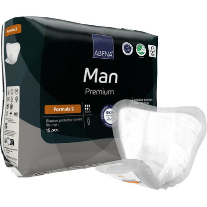Pictured is a pack of ABENA Man Formula Premium from Abena Re-Seller GmbH with a sign in the foreground. The pack contains 15 pieces and highlights skin-friendly and barrier-protective properties.