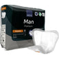 Pictured is a pack of ABENA Man Formula Premium from Abena Re-Seller GmbH with a sign in the foreground. The pack contains 15 pieces and highlights skin-friendly and barrier-protective properties.