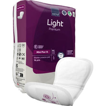 A pack of ABENA Light Mini Plus 1A, Premium by Abena Re-Seller GmbH (16 pieces) for light bladder weakness. An insert is depicted outside the pack. It has a curved, absorbent shape with a subtle floral print.