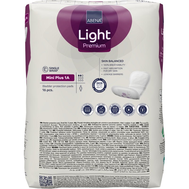 ABENA Light Mini Plus 1A, Premium by Abena Re-Seller GmbH: Pack of 16 pieces for light bladder weakness. The front shows product details, features, and certified benefits.