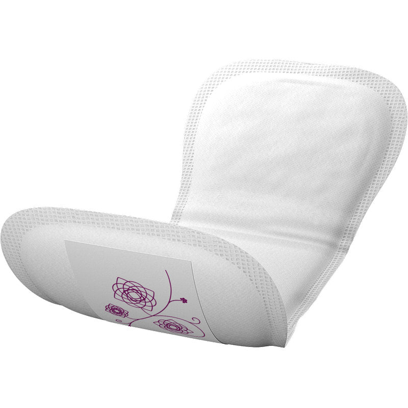 The ABENA Light Mini Plus 1A, Premium by Abena Re-Seller GmbH (pack of 16 pieces) is a soft, absorbent sanitary pad with rounded edges and a floral purple design - ideal as an incontinence pad for light bladder weakness.