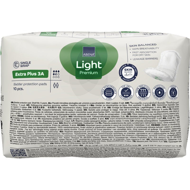 A package of ABENA Light Extra Plus 3A, Premium incontinence pads (10 pieces) from Abena Re-Seller GmbH. The predominantly white packaging has green and gray accents with product information, features, and application instructions.
