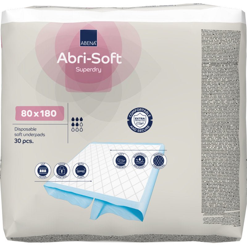 A pack with 30 disposable underpads Abri-Soft Superdry (80x180 cm) from Abena Re-Seller GmbH. The packaging highlights the use for incontinence, shows the size, and displays images of the soft underpad construction.