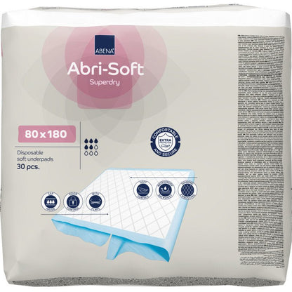 A pack with 30 disposable underpads Abri-Soft Superdry (80x180 cm) from Abena Re-Seller GmbH. The packaging highlights the use for incontinence, shows the size, and displays images of the soft underpad construction.