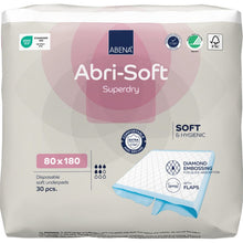 A 30-pack of Abena Re-Seller GmbH Abri-Soft Superdry disposable pads (80x180 cm) provides hygienic, extra-absorbent incontinence protection with soft material and a diamond-pattern embossing for optimal comfort and absorption.