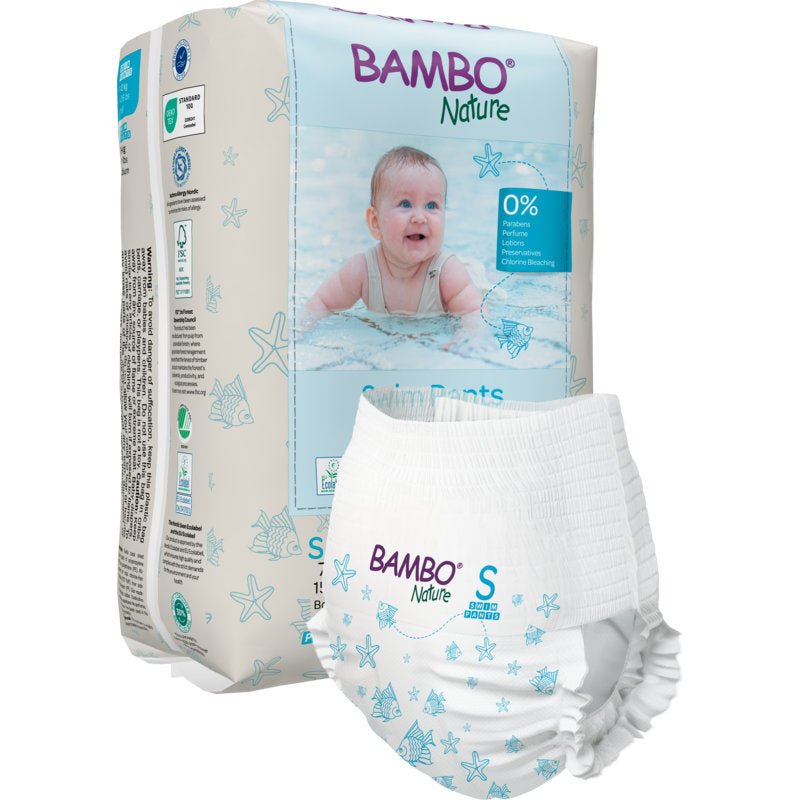 The Bambo Nature Swim Diapers, Size S, 7–12 kg (12 count) from Abena Re-Seller GmbH feature a picture of a child swimming on the front and swim pants with light blue starfish and seashell designs—perfect for your baby’s water play!