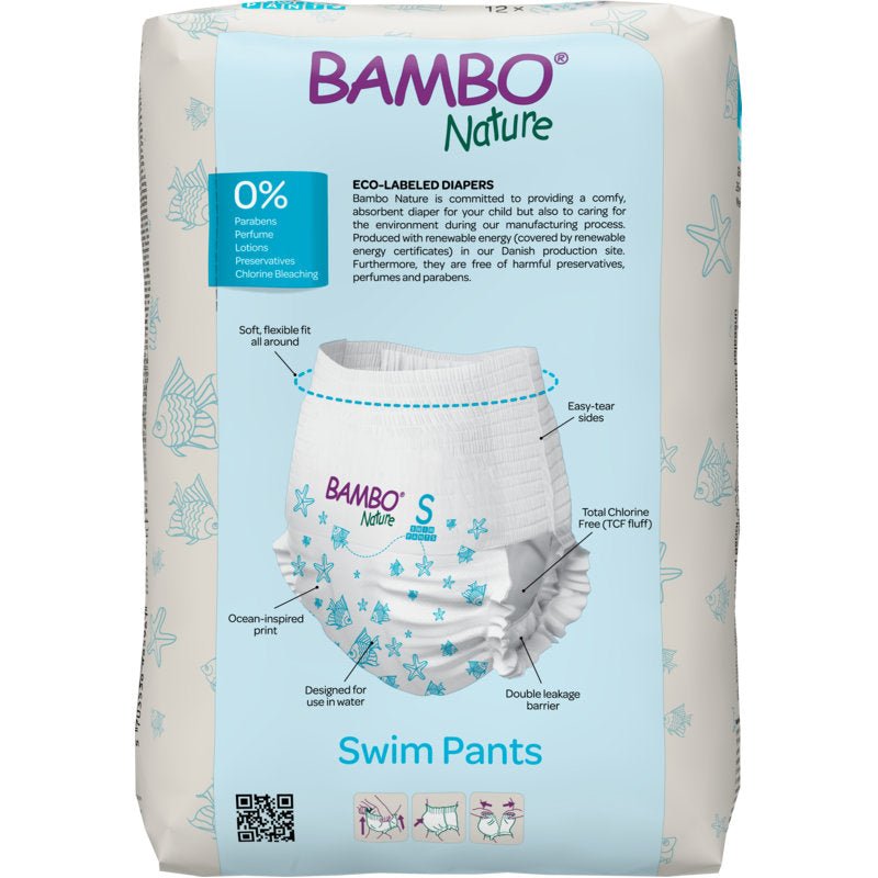 The 12-pack of Bambo Nature Swim Diapers, Size S (7–12 kg), from Abena Re-Seller GmbH comes in white-and-blue packaging featuring a swim diaper design and highlights its eco-friendly formula, which contains 0% parabens, lotion, and fragrance. Suitable for babies weighing 7–12 kg.