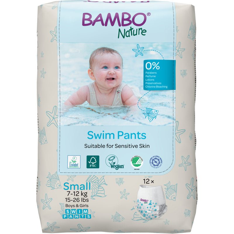 The Bambo Nature Swim Diapers, Size S, 7–12 kg (pack of 12) from Abena Re-Seller GmbH are paraben- and fragrance-free—ideal for sensitive baby skin and little swimmers weighing 7–12 kg.