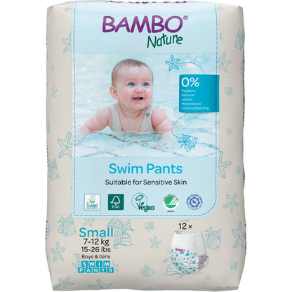 The Bambo Nature Swim Diapers, Size S, 7–12 kg (pack of 12) from Abena Re-Seller GmbH are paraben- and fragrance-free—ideal for sensitive baby skin and little swimmers weighing 7–12 kg.