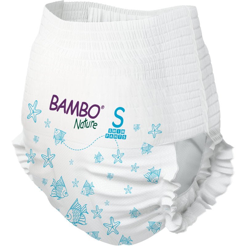 The Bambo Nature Swim Diapers, Size S, 7–12 kg (pack of 12) from Abena Re-Seller GmbH are white swim diapers featuring blue fish and starfish patterns, as well as an elastic waistband and leg cuffs. Ideal for babies.