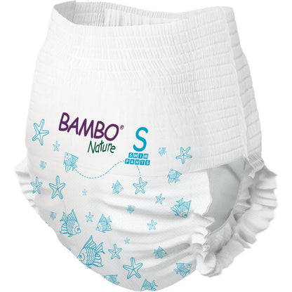 The Bambo Nature Swim Diapers, Size S, 7–12 kg (pack of 12) from Abena Re-Seller GmbH are white swim diapers featuring blue fish and starfish patterns, as well as an elastic waistband and leg cuffs. Ideal for babies.