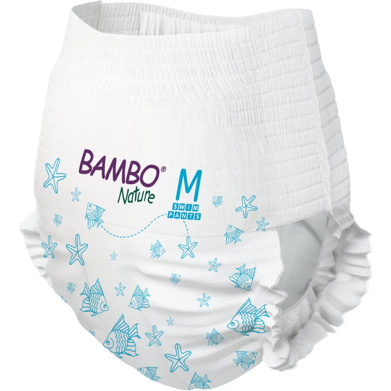 The Bambo Nature swim diaper size M (12+ kg) by Abena Re-Seller GmbH, pack of 12 pieces, convinces as a sustainable, white swim diaper with blue fish motifs - ideal for environmentally conscious families.