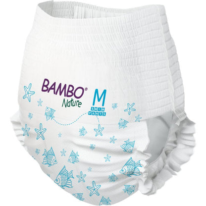 The Bambo Nature swim diaper size M (12+ kg) by Abena Re-Seller GmbH, pack of 12 pieces, convinces as a sustainable, white swim diaper with blue fish motifs - ideal for environmentally conscious families.