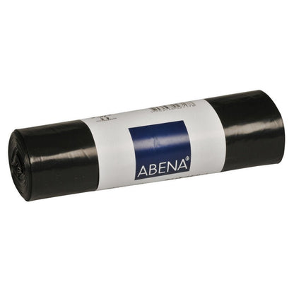 A roll of black garbage bags with a white-blue print of the brand Abena Re-Seller GmbH labeled "Trash bags for Sækko Boy 120, 35 my LLDPE".