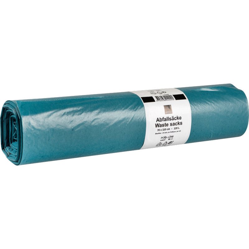 A rolled-up pack of Abena Re-Seller GmbH waste sacks 120 L (700x1100 mm, 30 my LDPE, blue), 25 sacks per roll, with a white label in German and English with the information "LDPE waste sacks", "Waste sacks 120 L" and "Waste sacks."