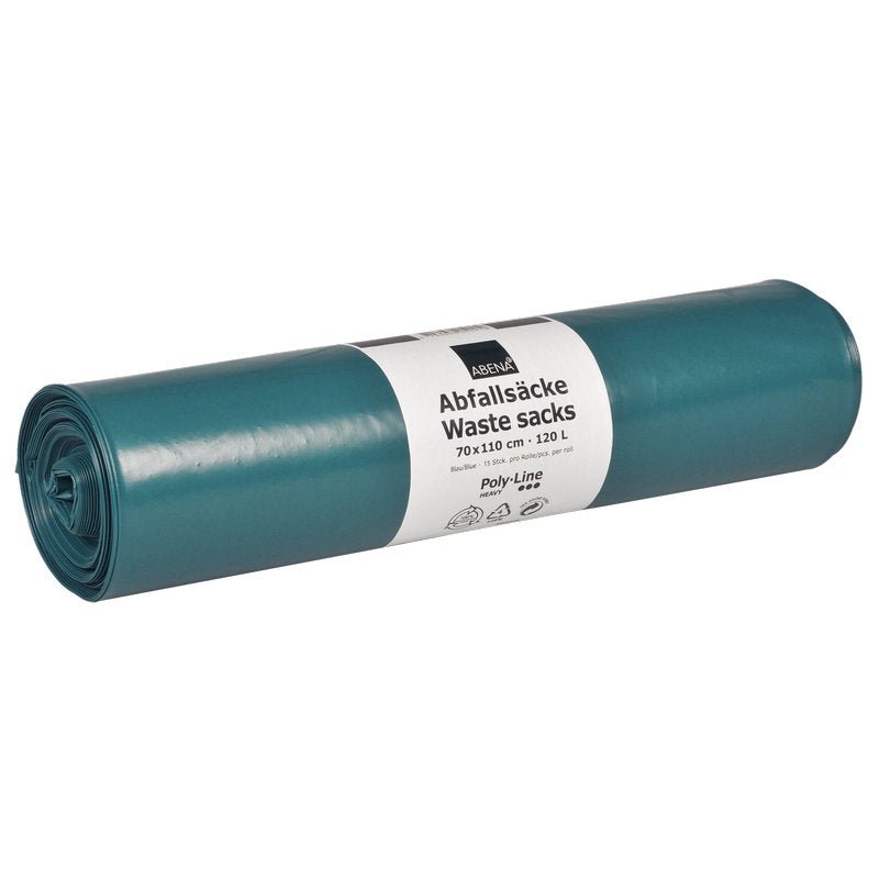 A roll of Abena Re-Seller GmbH trash bags 120 L (700x1100 mm, 76 my LDPE, Blue) contains 15 bags and is equipped with a white label featuring German and English information.