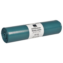 A roll of Abena Re-Seller GmbH trash bags 120 L (700x1100 mm, 76 my LDPE, Blue) contains 15 bags and is equipped with a white label featuring German and English information.