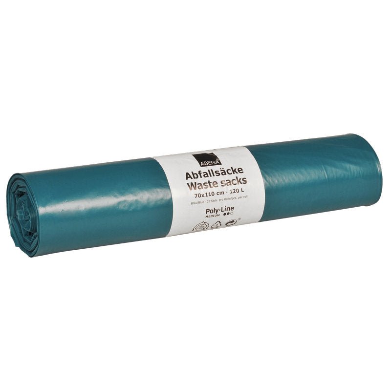 A roll of Abena Re-Seller GmbH trash bags 120 L, 700x1100 mm, 38 my, LDPE, blue (25 bags) with a white label in German and English - ideal for efficient waste disposal.