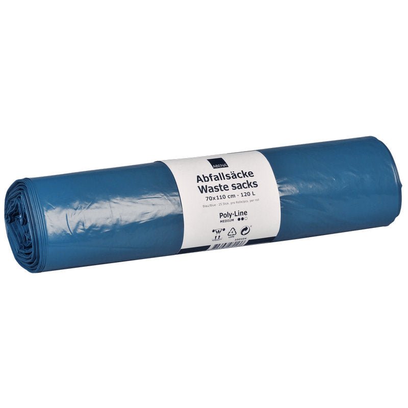 A roll of blue Abena Re-Seller GmbH garbage bags (120 L, 700x1100 mm, 35 my LLDPE, 25 bags) with a white label in German and English, displaying the product data.