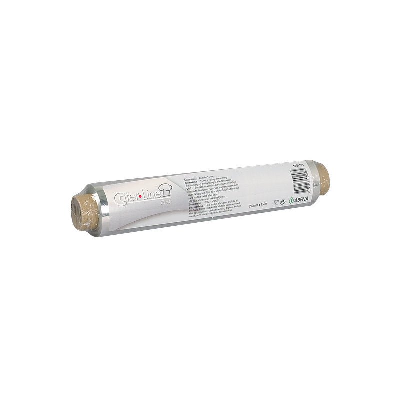 A roll of Abena Re-Seller GmbH aluminum foil, 29 cm x 150 m, 11 my, package (1 piece), with product info on a white label and packed in clear foil - perfect as food packaging.