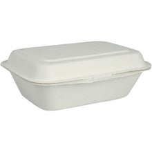 The "Menu Box, Bagasse, Undivided, White" from Abena Re-Seller GmbH is a closed, rectangular white takeout container made of Faserform. It is biodegradable and compostable and is shown against a plain white background.