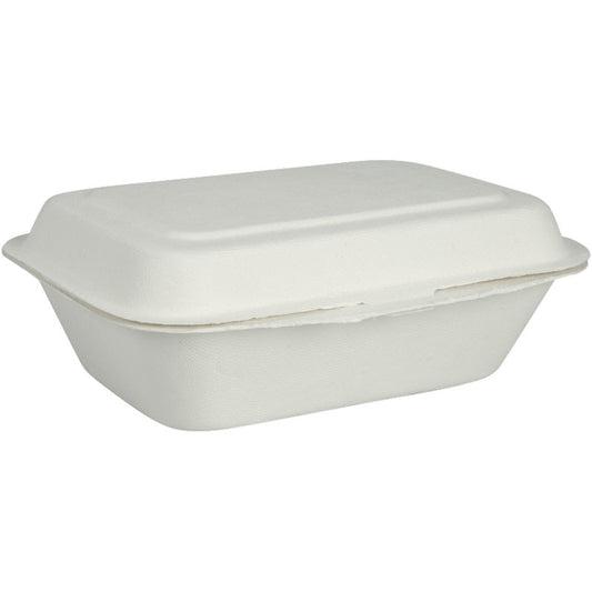 The "Menu Box, Bagasse, Undivided, White" from Abena Re-Seller GmbH is a closed, rectangular white takeout container made of Faserform. It is biodegradable and compostable and is shown against a plain white background.