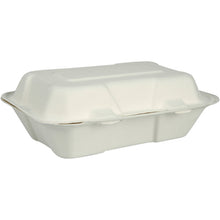 The "Menu Box, Bagasse, Undivided, White" from Abena Re-Seller GmbH is a closed, rectangular, white takeout food container with a hinged lid made of compostable and biodegradable material, shown against a plain white background.