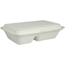 The Abena Re-Seller GmbH meal box, made from bagasse, divided into two sections, white (25x16.2x6.3 cm), biodegradable, and sold in packs of 50, is pictured against a plain white background.