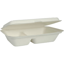 The image shows an open, white, rectangular Abena Re-Seller GmbH meal box (bagasse, 2-compartment, 25x16.2x6.3 cm) with an attached lid; it is biodegradable and comes in a pack of 50.