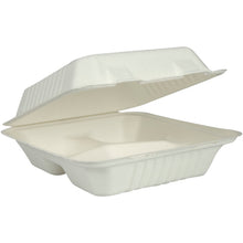 The white bagasse meal box from Abena Re-Seller GmbH (3-compartment, 22.3 x 20 x 7.8 cm) is shown open with the lid slightly raised, revealing its three interior compartments. Pack of 50.