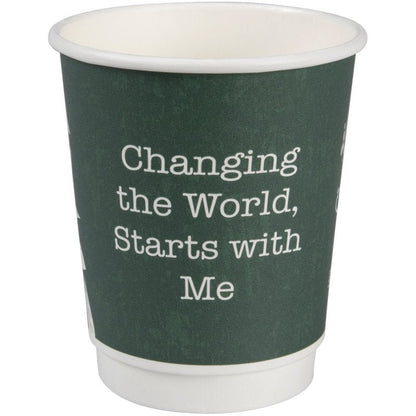 The empty coffee cup Double Wall Bio "Green Leaves" by Abena Re-Seller GmbH in dark green features the white lettering "Changing the World, Starts with Me" on the front and stands against a white background.