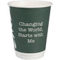 The Abena Re-Seller GmbH coffee cup Double Wall Bio "Green Leaves" is a green, eco-friendly cup with white text "Changing the World, Starts with Me" and a partial white leaf design on the left side.