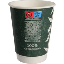 The Abena Re-Seller GmbH coffee cup Double Wall Bio "Green Leaves" is a dark green cup with white leaf motifs, a "100% compostable" label, and a multilingual sticker "Plastic in the product" with eco-friendly material symbols.