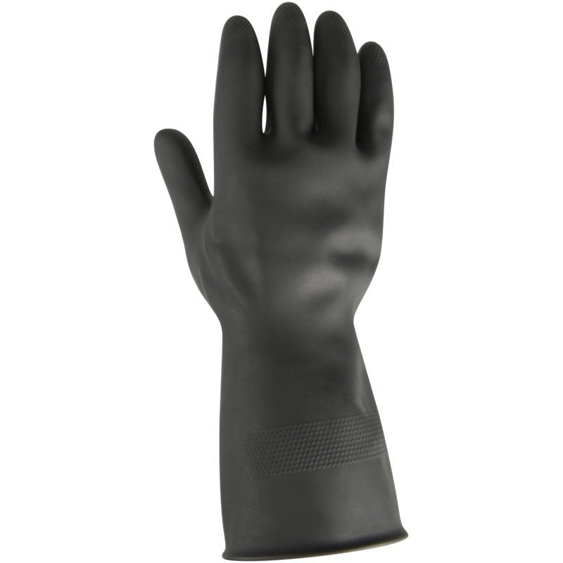 A single Thor Black Heavy Duty Household Glove Latex from Abena Re-Seller GmbH is shown upright with the palm and textured grip facing forward. The unused black glove extends beyond the wrist.