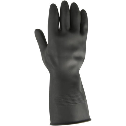 A single Thor Black Heavy Duty Household Glove Latex from Abena Re-Seller GmbH is shown upright with the palm and textured grip facing forward. The unused black glove extends beyond the wrist.