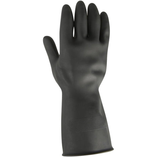 An upright Thor Black Heavy Duty Household Latex Glove by Abena Re-Seller GmbH—a single black glove with a textured grip on the palm and fingertips, with the fingers extended—depicted against a plain white background.
