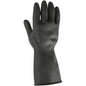 An upright standing Thor Black Heavy Duty Household Glove Latex from Abena Re-Seller GmbH, a single black glove with a textured grip on the palm and fingertips, with outstretched fingers, depicted against a plain white background.