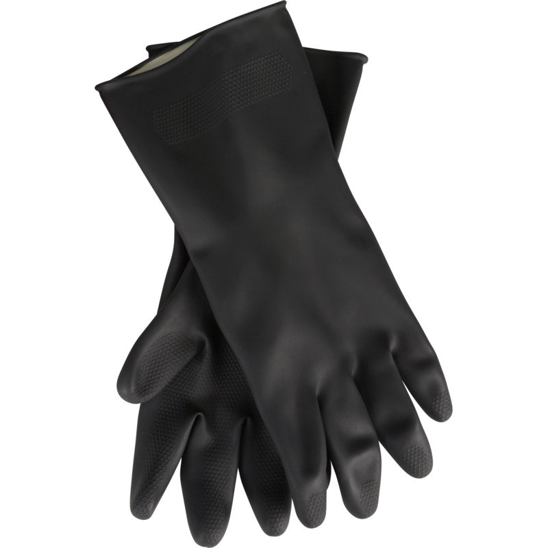 A pair of Thor Black Heavy Duty Household Gloves Latex from Abena Re-Seller GmbH, with textured palms and fingers, are stacked on a white background.