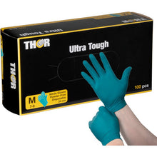 Two hands are putting on the green Thor Ultra Tough gloves from Abena Re-Seller GmbH, in front of the box. Perfect for outdoor activities, these medium-sized, powder-free disposable gloves are 24 cm long and come in a pack of 100—large and durable.