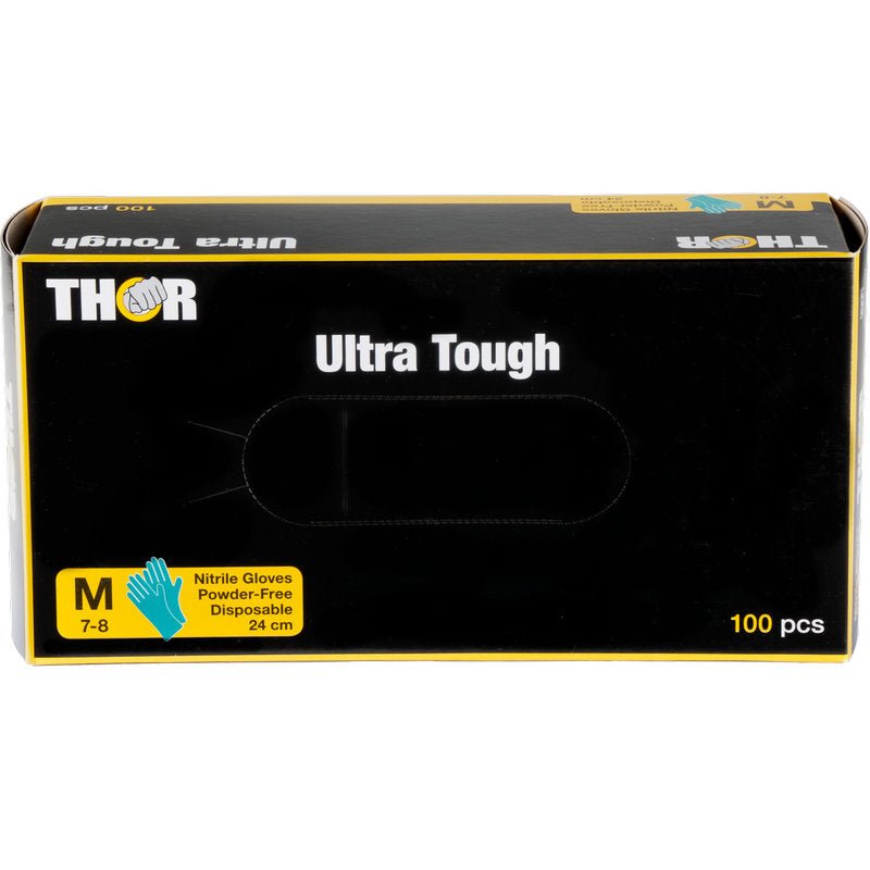 A green box labeled "Thor Ultra Tough" from Abena Re-Seller GmbH contains 100 medium-sized, powder-free disposable nitrile gloves (24 cm) - the durable product is ideal for outdoor activities.